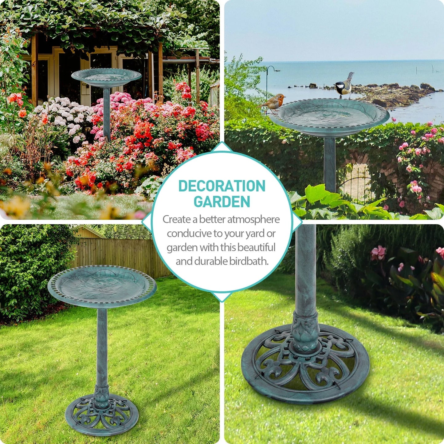 ZENY 28" Height Garden Resin Vintage Freestanding Bird Bath Bowl, Green