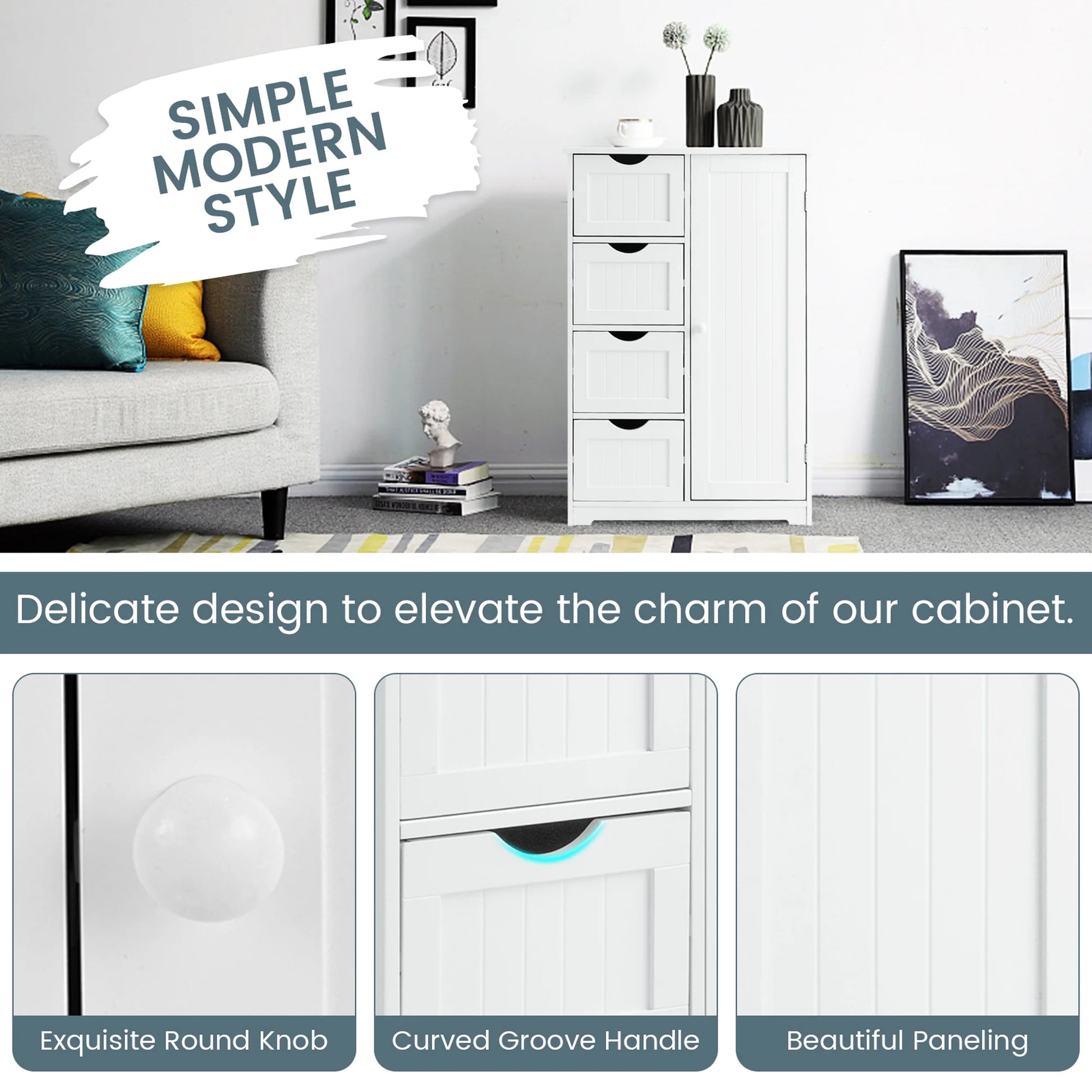 Bathroom Storage Wooden 4 Drawer Cabinet Cupboard 2 Shelves Free Standing White