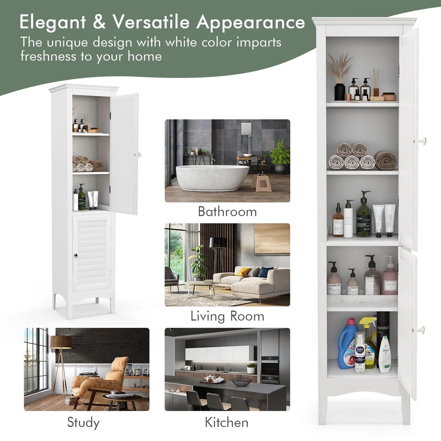 Vicamelia Bathroom Floor Cabinet Narrow Linen Tower w/ 2 Doors & Adjustable Shelf, Tall Kitchen Pantry Cabinet, White