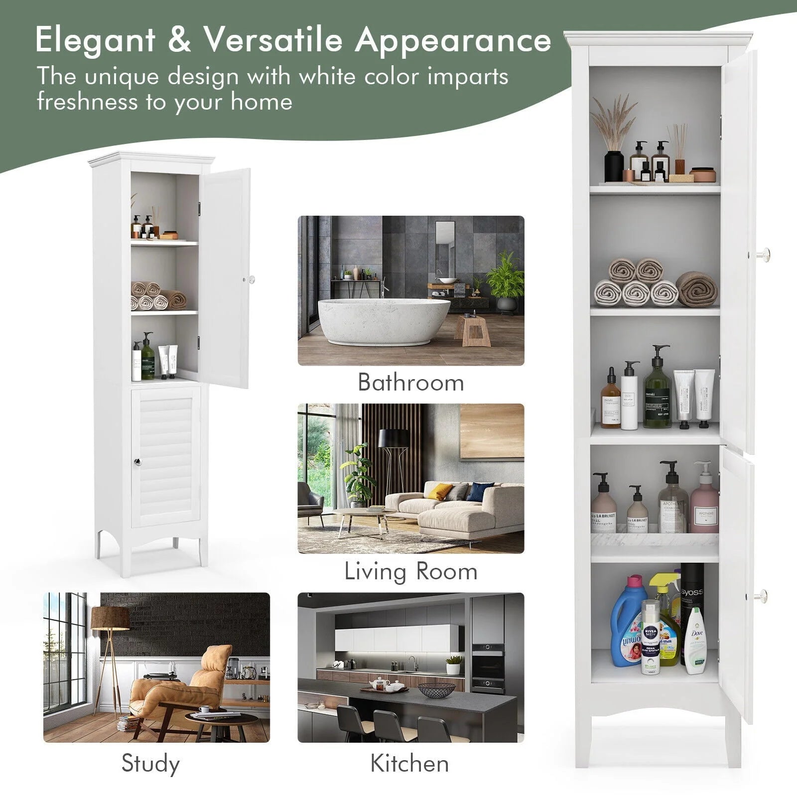 Vicamelia Bathroom Floor Cabinet Narrow Linen Tower w/ 2 Doors & Adjustable Shelf, Tall Kitchen Pantry Cabinet, White