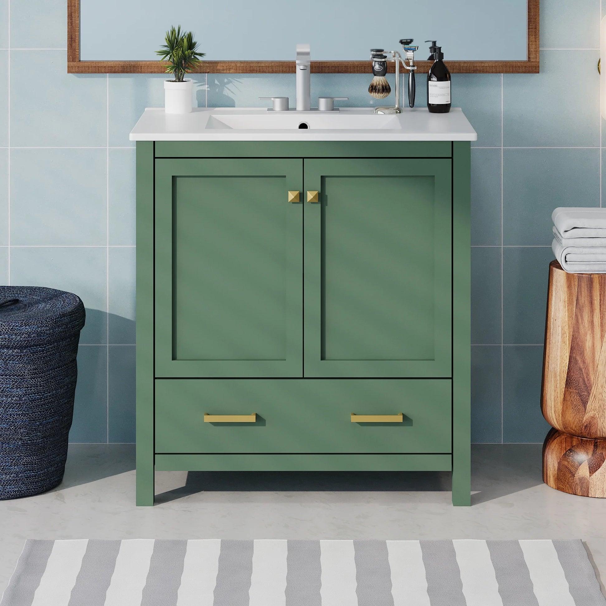 Harper & Bright Designs 30" Bathroom Vanity with Sink Combo, Bathroom Cabinet with Ceramic Top, Multifunctional Storage Doors and Drawer, Green