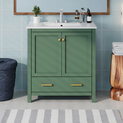 Harper & Bright Designs 30" Bathroom Vanity with Sink Combo, Bathroom Cabinet with Ceramic Top, Multifunctional Storage Doors and Drawer, Green
