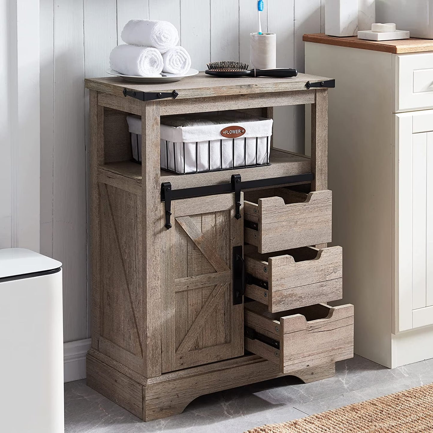 OKD Farmhouse Bathroom Storage Cabinet with 3 Drawers and Adjustable Shelves Wooden Rustic Accent Entryway Cupboard, Antique White