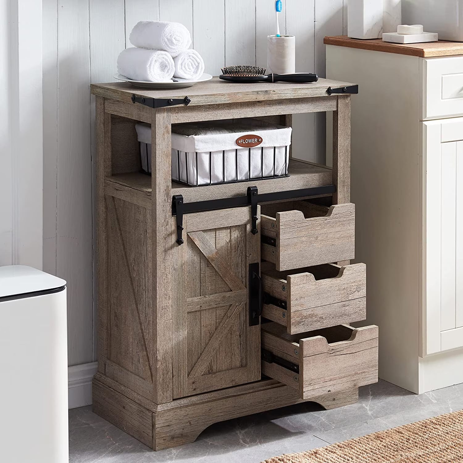 OKD Farmhouse Bathroom Storage Cabinet with 3 Drawers and Adjustable Shelves Wooden Rustic Accent Entryway Cupboard, Antique White