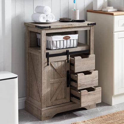 OKD Farmhouse Bathroom Storage Cabinet with 3 Drawers and Adjustable Shelves Wooden Rustic Accent Entryway Cupboard, Antique White