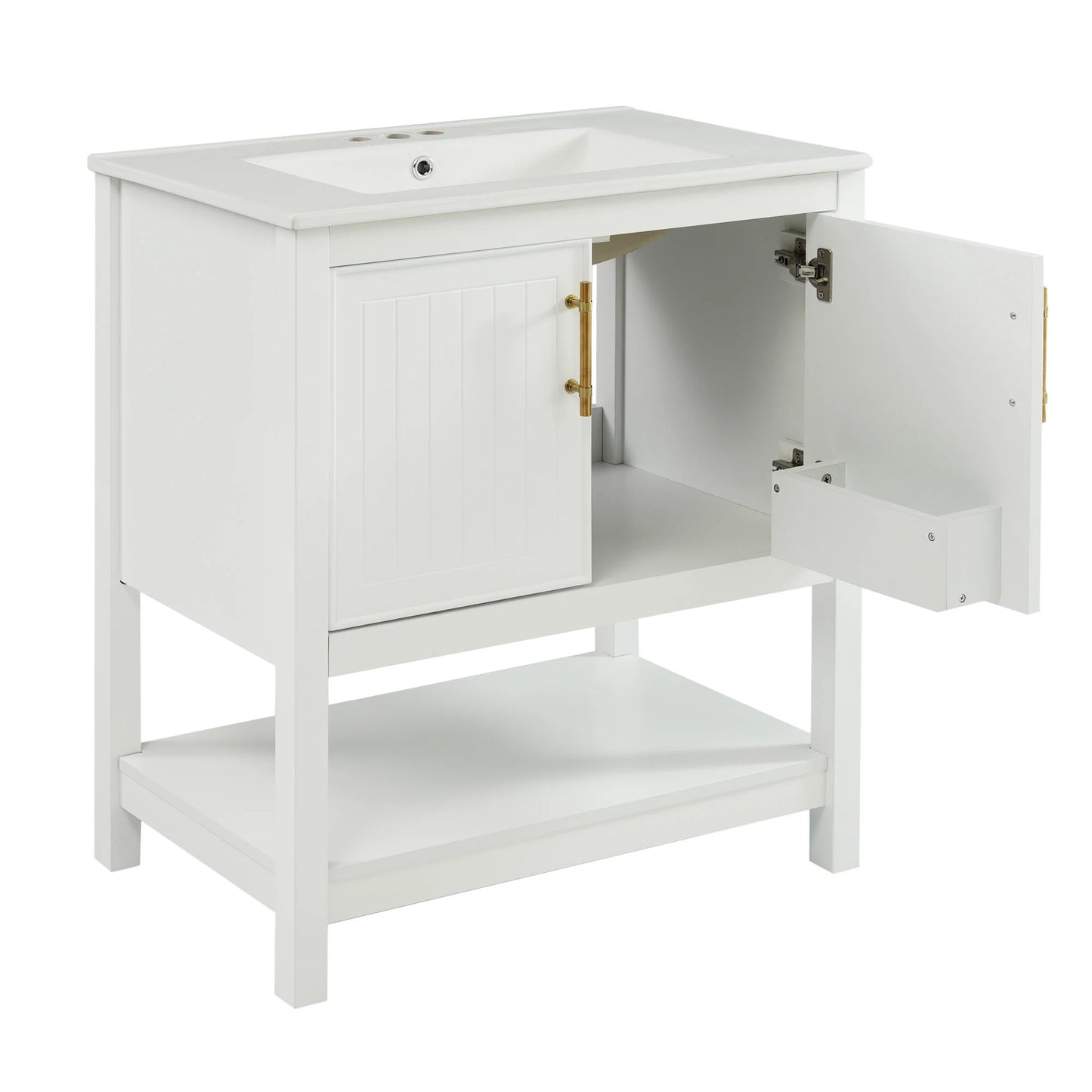 30" Freestanding Single Bathroom Vanity with Ceramic Top and Bottom Open Shelf, White