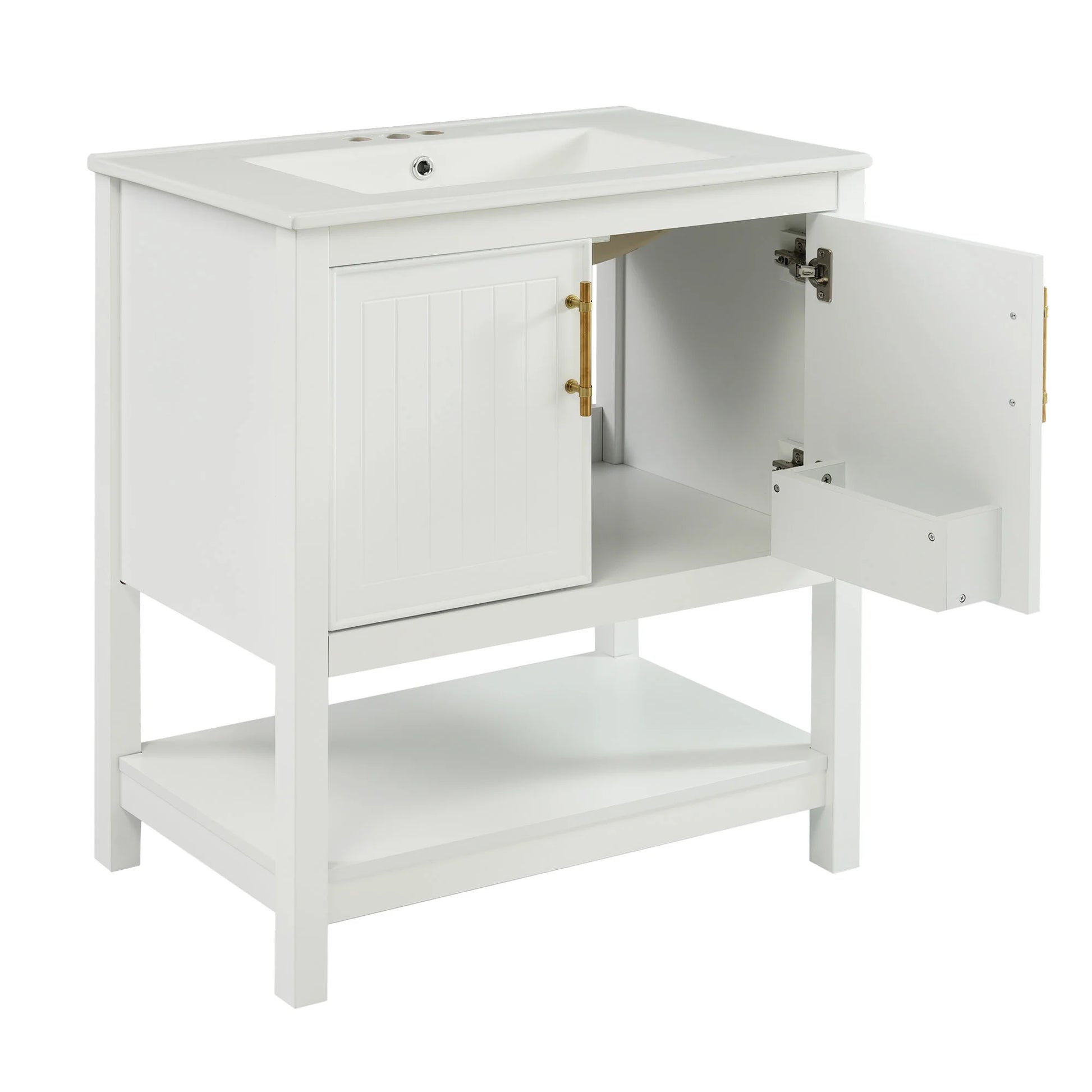 30" Freestanding Single Bathroom Vanity with Ceramic Top and Bottom Open Shelf, White