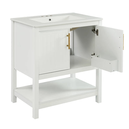 30" Freestanding Single Bathroom Vanity with Ceramic Top and Bottom Open Shelf, White