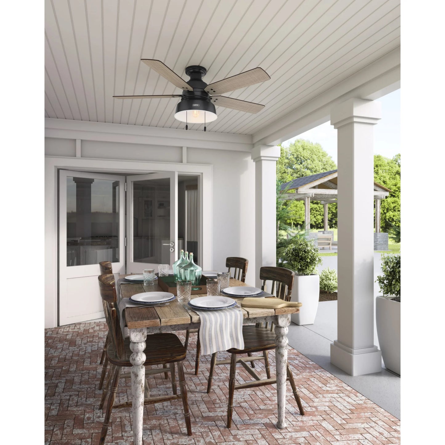 Hunter - Mill Valley Indoor/Outdoor Low Profile Ceiling Fan With Light, 52-inch, Matte Black, Rustic-style, 3-speed WhisperWind Motor, 59310, for porches, patios, sunrooms, bathrooms