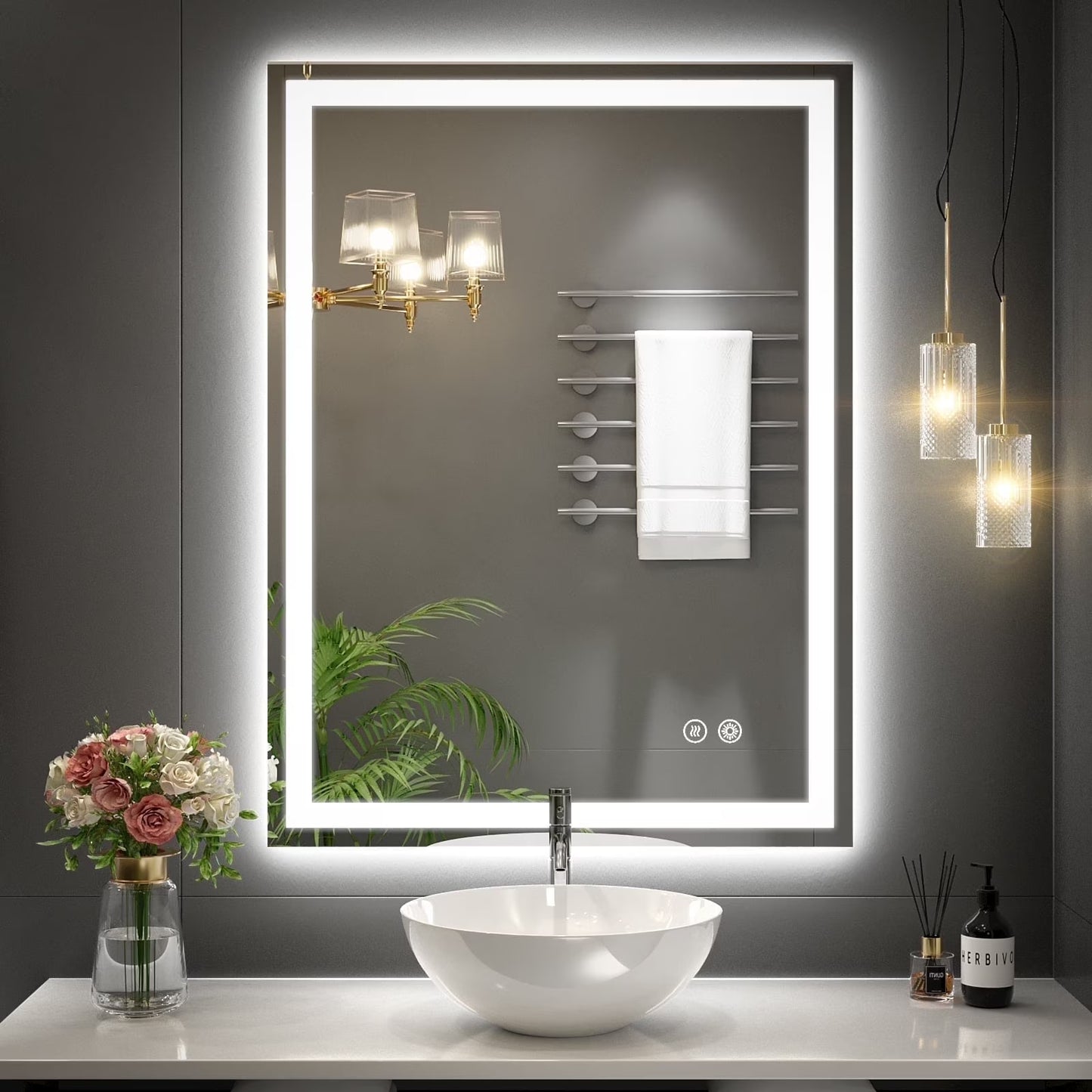 JSneijder 40x32 inch LED Bathroom Mirror, Wall Mounted Frameless Lighted Bathroom Mirror, Dimmable, Anti-Fog, Horizontal/Vertical