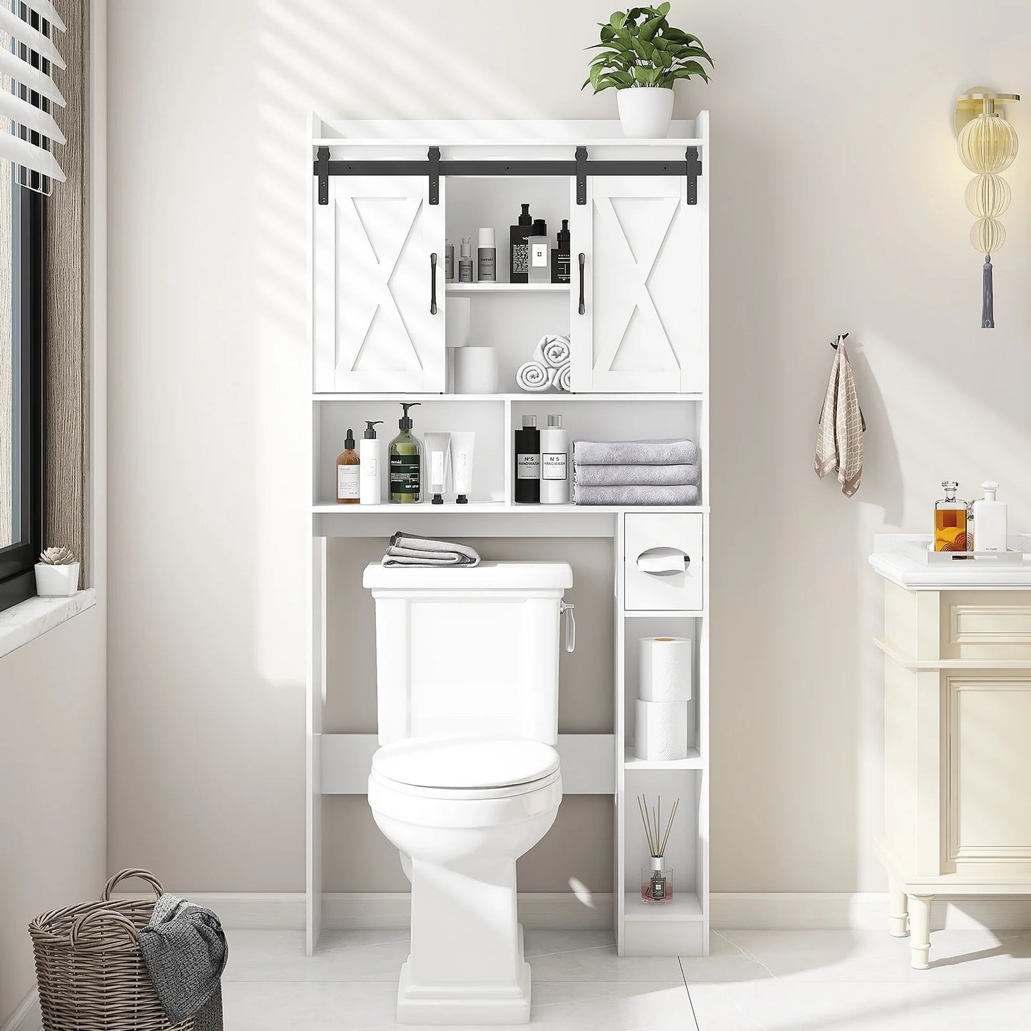 Over The Toilet Storage Cabinet, Farmhouse Storage Cabinet Over Toilet with Sliding Doors��Home Space-Saving Toilet Rack, for Bathroom, Restroom, Laundry