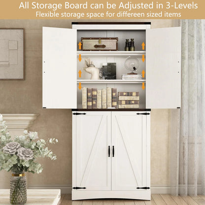 71" Tall Farmhouse Kitchen Pantry Cabinet, 5 Layers Storage Cabinet with Adjustable Shelves, Farmhouse Pantry Cabinet with 4 Barn Doors for Kitchen, Dining Room, Bathroom, Living Room, Rustic White