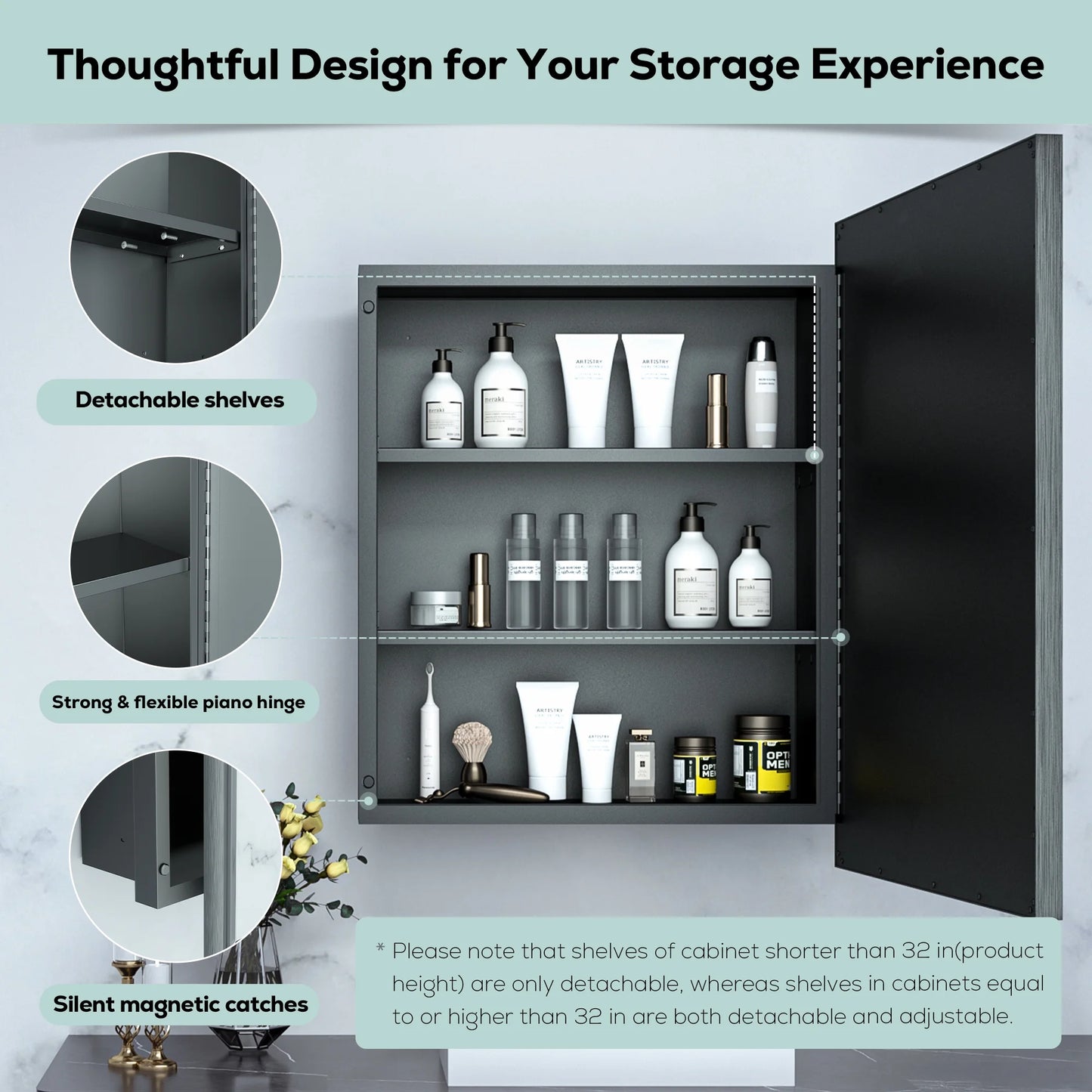 Keonjinn Bathroom Metal Framed Medicine Cabinets with Mirror, 16 x 24 inch Black Wall Cabinets, Rectangle Recessed/Wall Mounted Storage Cabinets