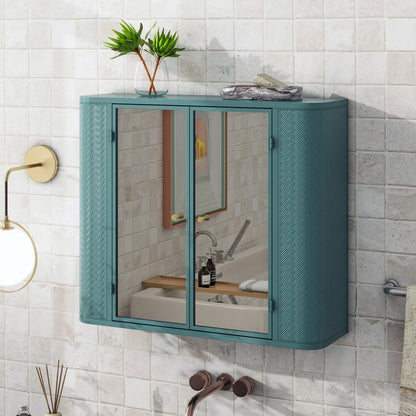 Army Green Bathroom Cabinet - Wall-Mounted Mirror Storage with 2 Doors & Open Shelf - Farmhouse Metal Frame for Vanity/Toilet