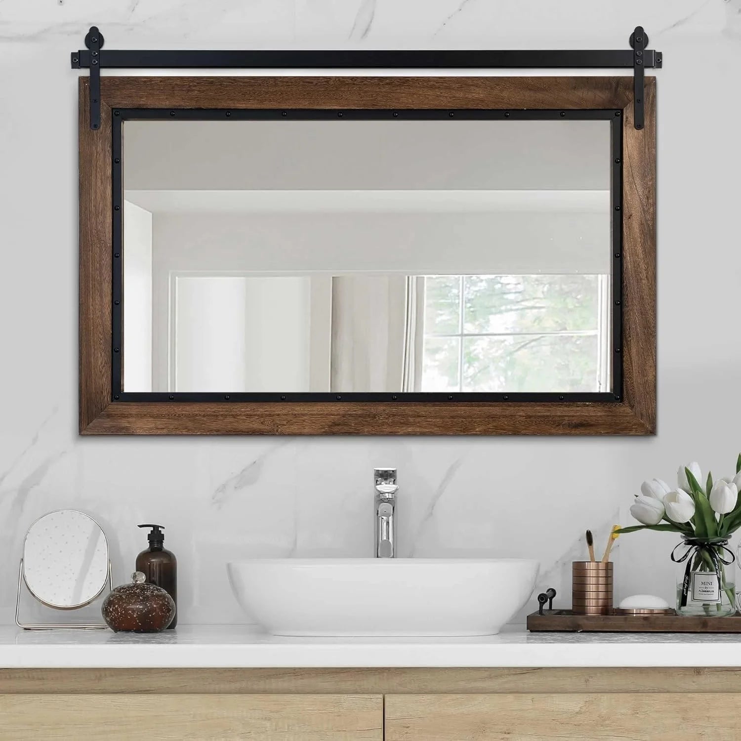 COSMOGO Farmhouse Barn Door Style Natural Wood Bathroom Vanity Wall Mirror 24"x32"