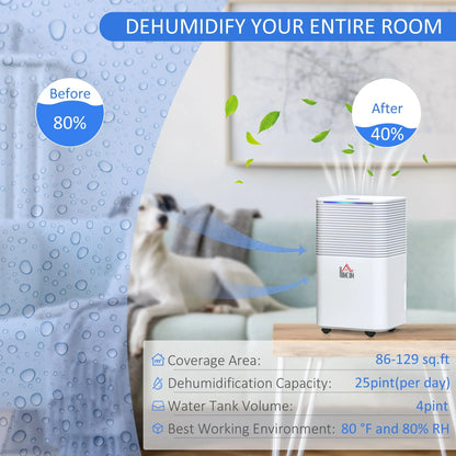 HOMCOM 1500 Sq. Ft Portable Electric Dehumidifiers with 3 Color Lights, LED Display, Quiet Dehumidifier for Basements, Bedroom, Bathroom, Closet, RV, 25pt/Day, White