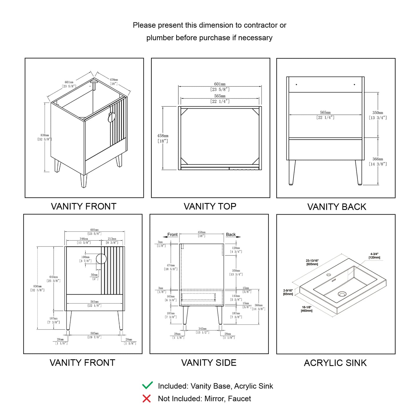 Blossom Kitchen and Bath Freestanding Bathroom Vanity with Sink, Wood Bathroom Vanity Cabinet with Acrylic Sink 24" - Pashm Grey