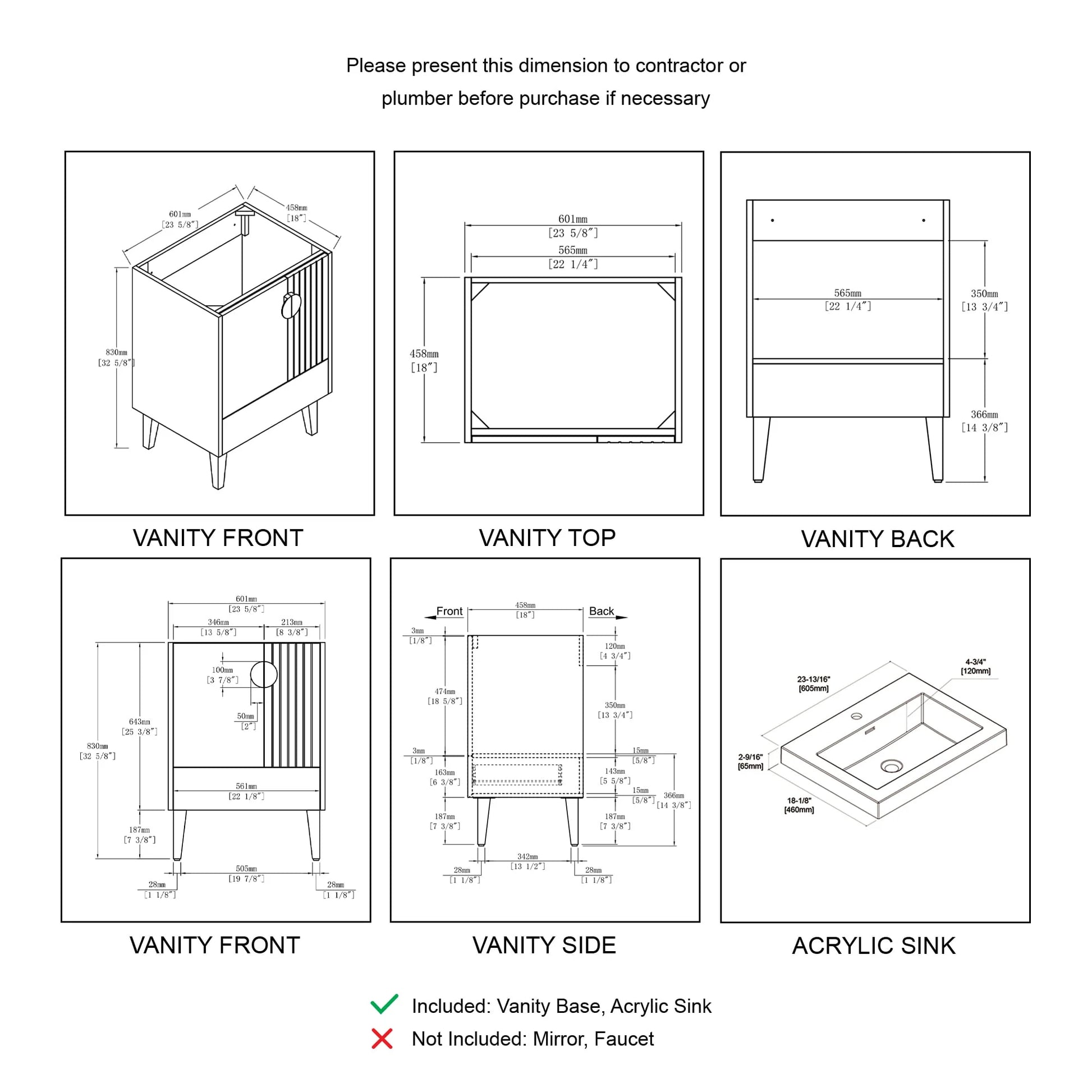 Blossom Kitchen and Bath Freestanding Bathroom Vanity with Sink, Wood Bathroom Vanity Cabinet with Acrylic Sink 24" - Pashm Grey