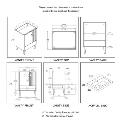 Blossom Kitchen and Bath Freestanding Bathroom Vanity with Sink, Wood Bathroom Vanity Cabinet with Acrylic Sink 24" - Pashm Grey