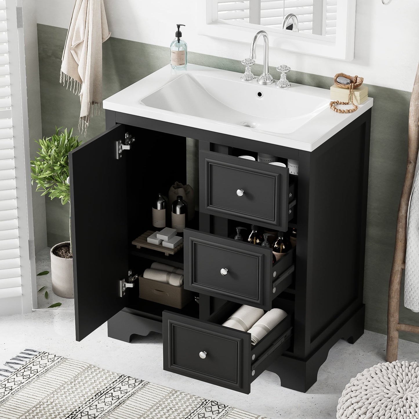viswild 30" Bathroom Vanity with Ceramic Sink, Soft Close Drawers & Adjustable Shelf, Compact Freestanding Cabinet for Small Spaces, Black