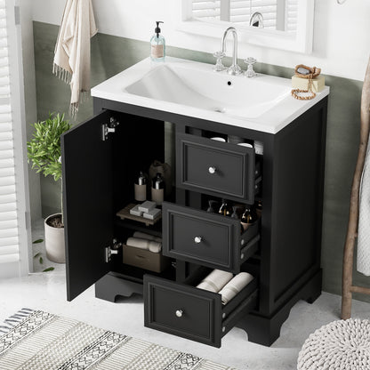 viswild 30" Bathroom Vanity with Ceramic Sink, Soft Close Drawers & Adjustable Shelf, Compact Freestanding Cabinet for Small Spaces, Black