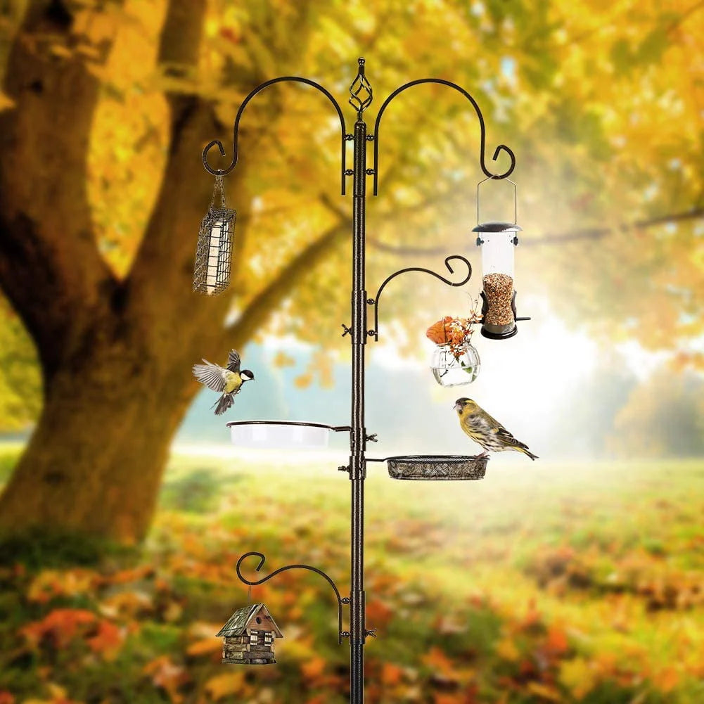 Bird Feeding Station Kit 91 Inch 4 Hooks with 2 Bird Feeder and Bath Tray Bird Feeder Pole Wild Bird Feeder Metal Suet Feeder Bird Bath-Black