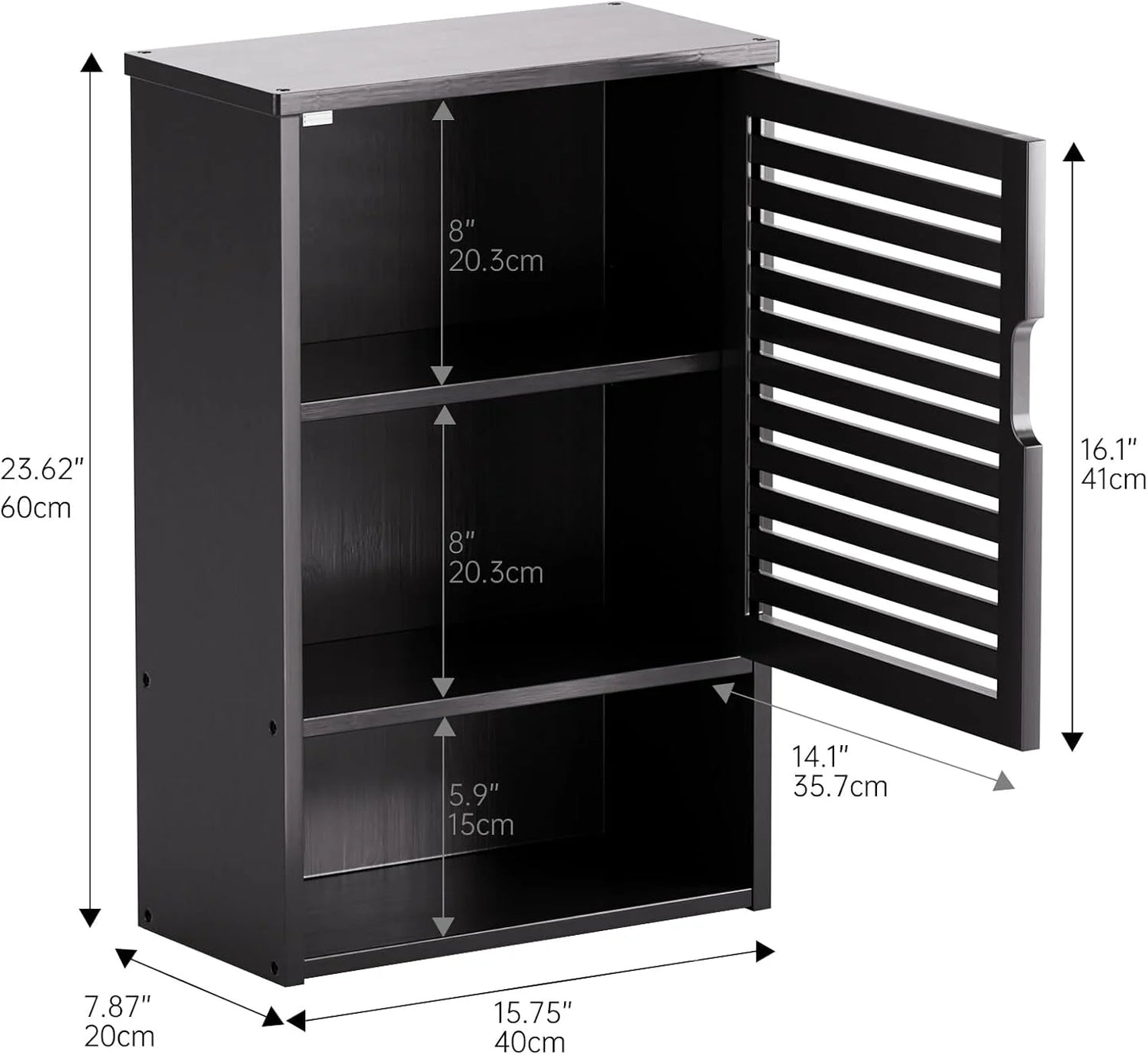 Bathroom Storage Cabinet Wall Mounted, Hanging Medicine Cabinet with Adjustable Shelf, Over The Toilet Space Saver Organizer, Black Bamboo Kitchen Cupboard, Single Door