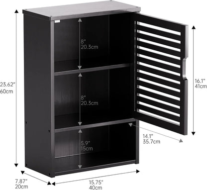 Bathroom Storage Cabinet Wall Mounted, Hanging Medicine Cabinet with Adjustable Shelf, Over The Toilet Space Saver Organizer, Black Bamboo Kitchen Cupboard, Single Door