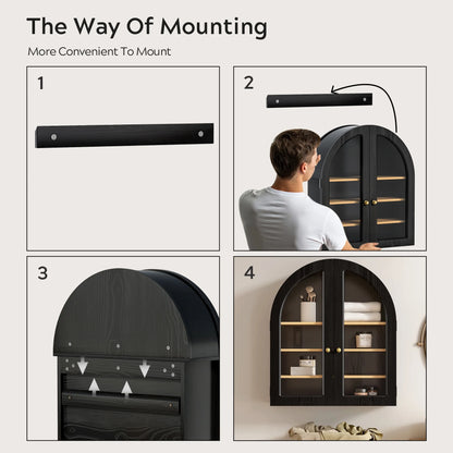 EYYTHUNG Modern Arched Wall Cabinet, Large Medicine Cupboard, Black Cabinet for Bathroom with Adjustable Shelf, Black Oak