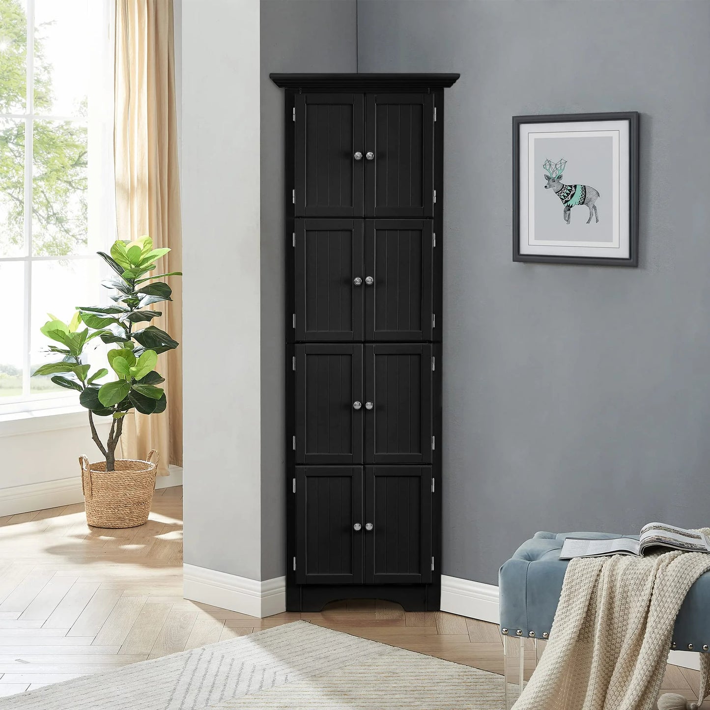 Royard Oaktree 72" Tall Corner Cabinet with 8 Doors and 4 Storage Shelves, Freestanding Bathroom Storage Cabinet, 4-tier Kitchen Pantry Storage Cabinet for Bathroom, Living Room, Office (Black)
