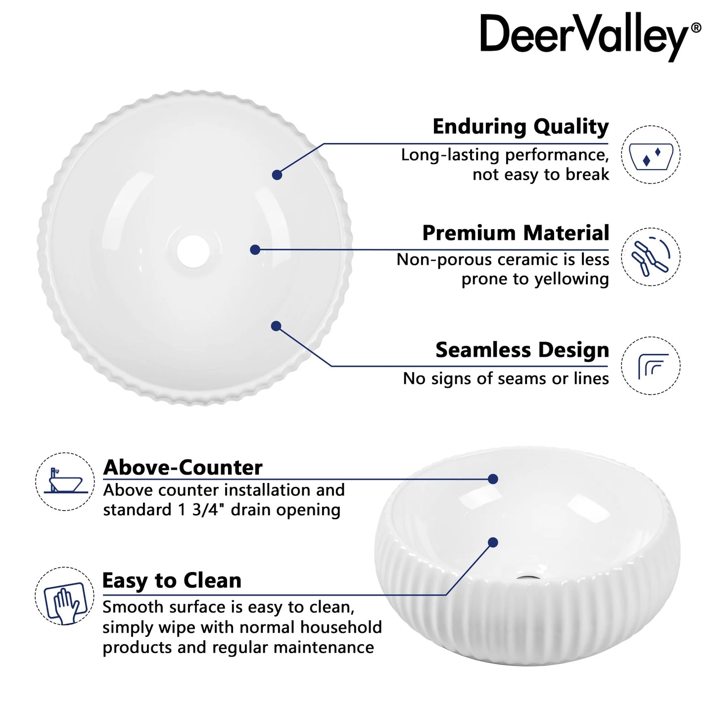 DV-1V0223 DeerValley 16" x 5'' Bathroom Sink,White Ceramic Circular Vessel Sink,Vitreous China Vessel Bathroom Sink with Fluted Sides and Overflow