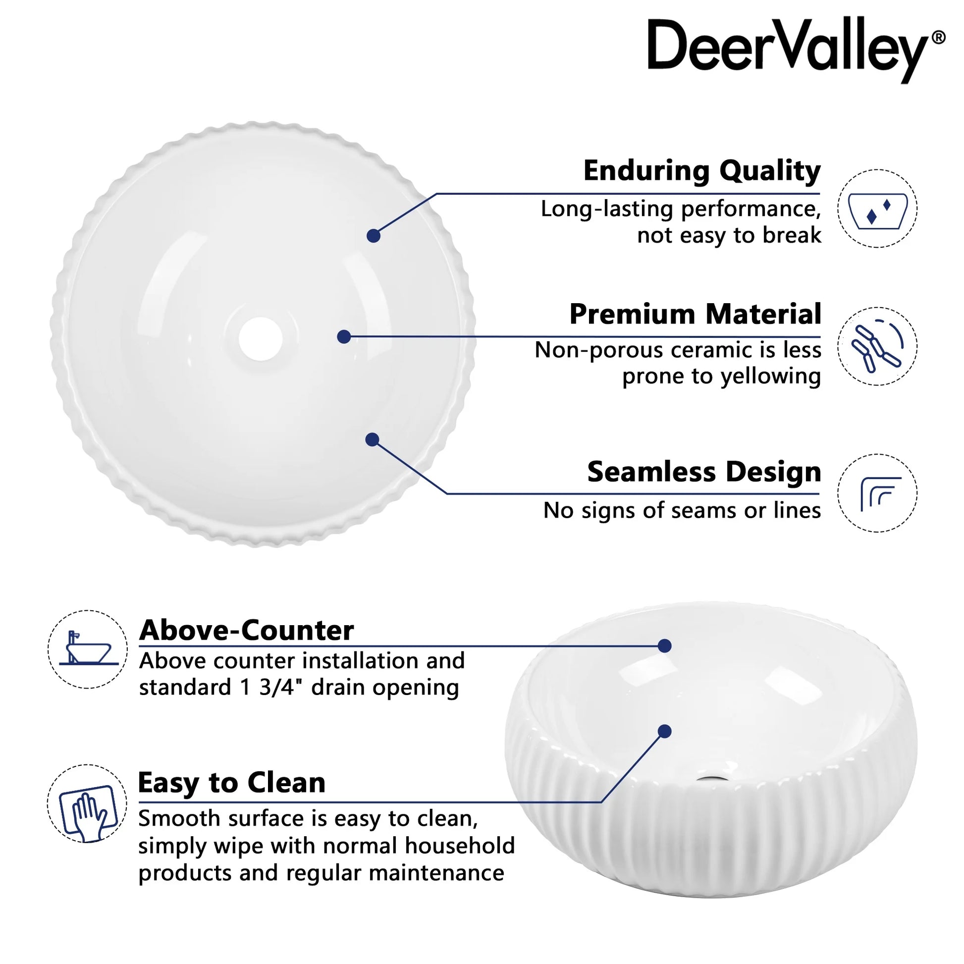 DV-1V0223 DeerValley 16" x 5'' Bathroom Sink,White Ceramic Circular Vessel Sink,Vitreous China Vessel Bathroom Sink with Fluted Sides and Overflow