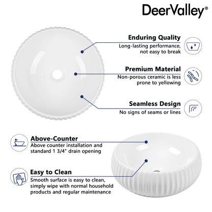 DV-1V0223 DeerValley 16" x 5'' Bathroom Sink,White Ceramic Circular Vessel Sink,Vitreous China Vessel Bathroom Sink with Fluted Sides and Overflow
