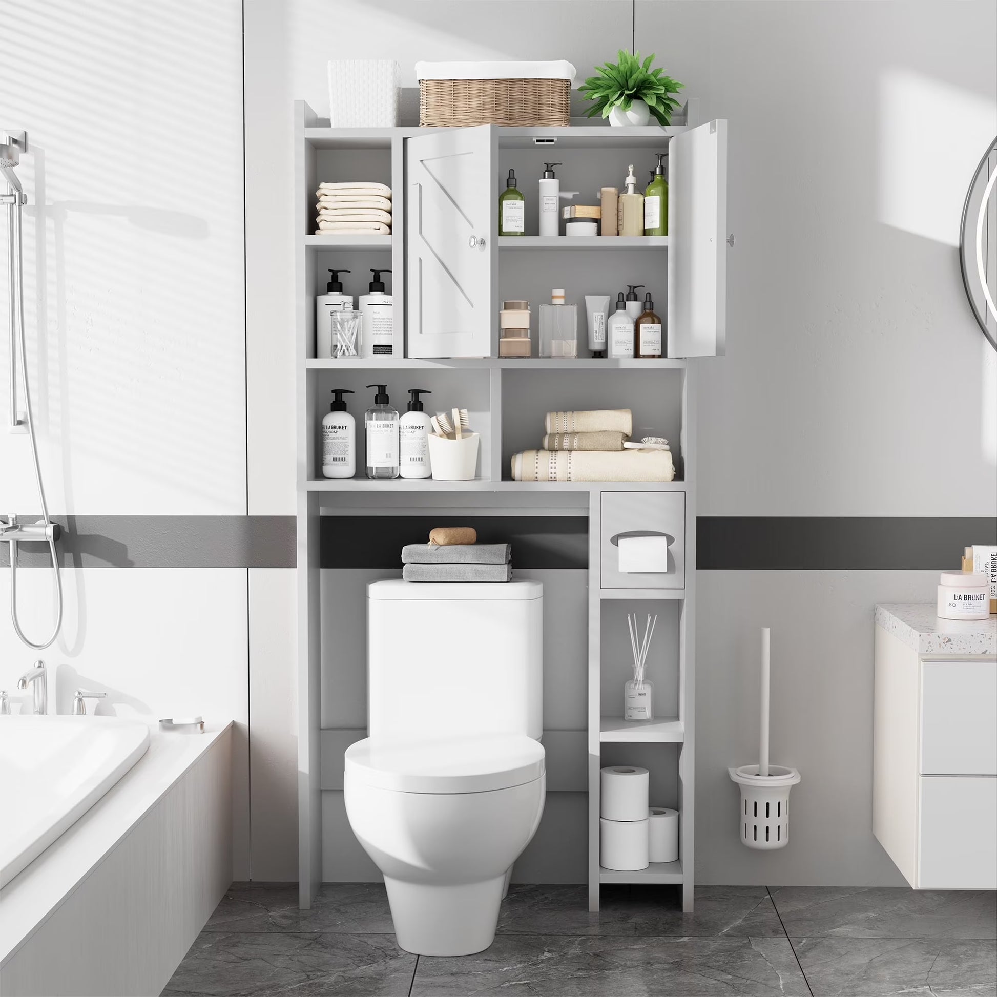 Walsunny Over the Toilet Storage Cabinets with Doors Side Shelves Toilet Paper Holder Stand Organizer Shelf Rack Space Saver above behind Toilet Freestanding for Bathroom Restroom Laundry Gray