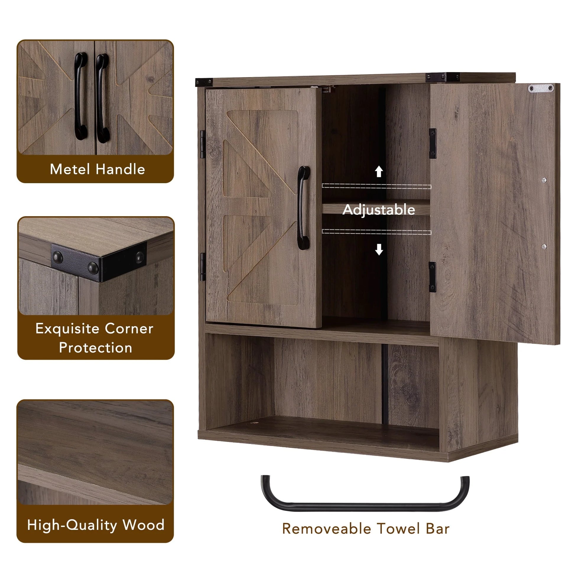 Rustown Farmhouse Wall Storage Cabinet with Two Barn Door, Rustic Mounted Medicine Cabinet with Adjustable Shelf and Towel Bar, 3-Tier Wood Cabinet for Kitchen, Bathroom, Living Room (Washed Oak)