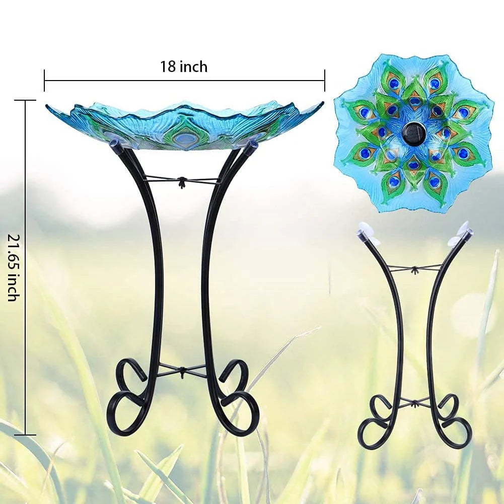 Outdoor Bird Bath with Metal Stand, 21.65" H Peacock Glass Birdbaths with Solar Light for Lawn Yard Garden Decor, 18" Dia