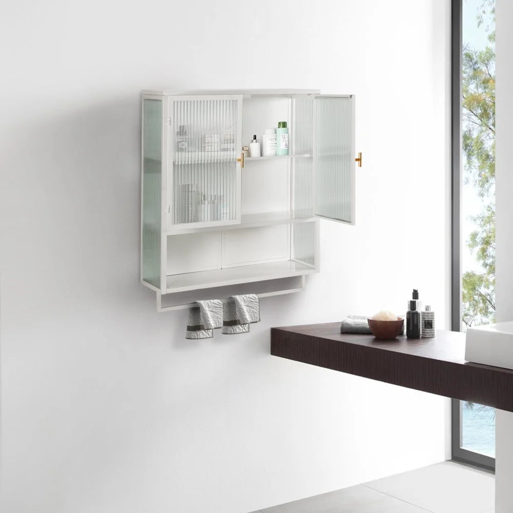 Tcbosik Modern Metal Wall Storage Cabinet with 2 Glass Door and Detachable Shelf, Open Shelf, and Towel Bar, Vintage Cabinet for Kitchen Dining, Bathroom, Living Room, White