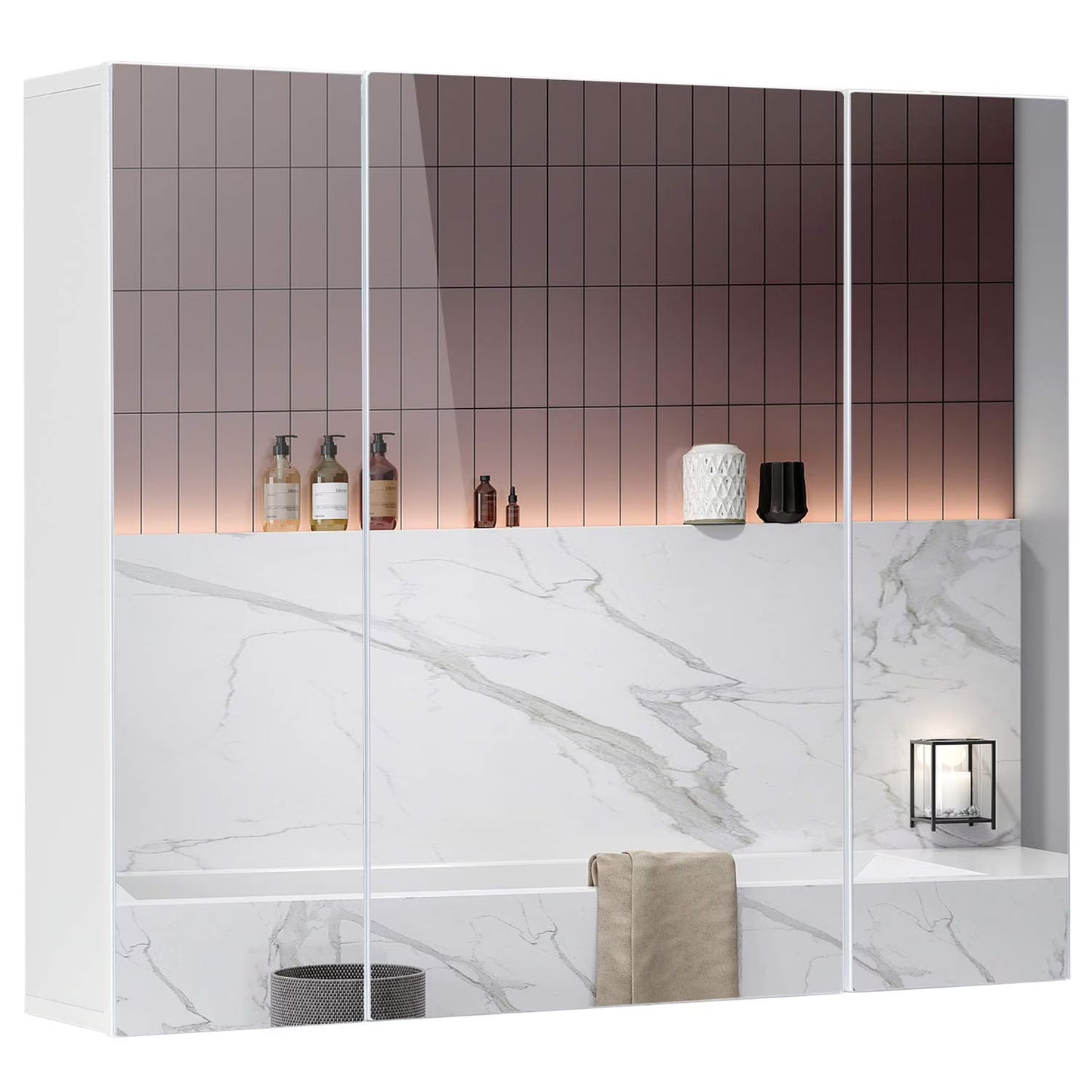 Lighted Medicine Cabinet with Mirror&LED Light for Bathroom,Wall Mounted Bathroom Mirror Cabinet with Storage and 2 Outlet and 3 Doors for Home, White, 39.4" x 23.6"