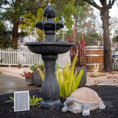 XBrand 44" H Black Fiberglass/Resin 2-Tier Solar Water Fountain w/ Solar Panel and Auto-Shut Off Pump, Solar Garden Fountain, Tall Outdoor Fountain, Two Tiered Birdbath Fountain