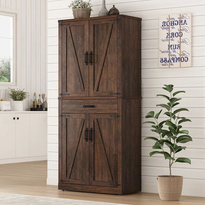72" Tall Kitchen Pantry, Farmhouse Pantry Cabinet with 1 Drawer & 4 Layer Adjustable Shelves, Rustic Wood Storage Cupboard with Metal Load-Bearing Pipe for Kitchen Bathroom Living Room Hallway