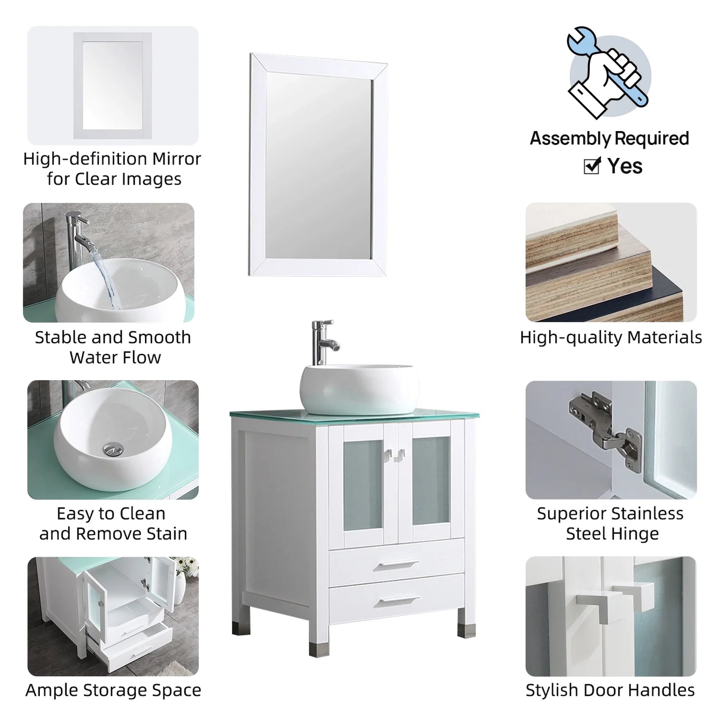 Wonline 24" Bathroom Vanity Cabinet Ceramic Sink Faucet Drain Combo w/ Mirror Set White