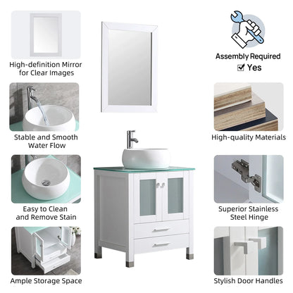 Wonline 24" Bathroom Vanity Cabinet Ceramic Sink Faucet Drain Combo w/ Mirror Set White