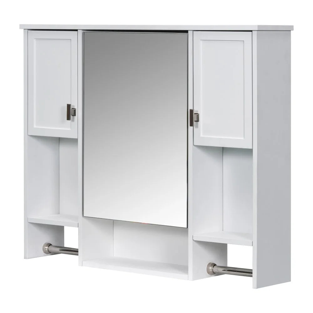 IVV Wall Mounted Bathroom Cabinet with Mirror, Modern Over The Toilet Storage Cabinet, White Medicine Cabinet Organizer with 3 Doors, 2 Towel Bars, Open Storage & Adjustable Shelves