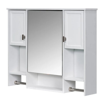 IVV Wall Mounted Bathroom Cabinet with Mirror, Modern Over The Toilet Storage Cabinet, White Medicine Cabinet Organizer with 3 Doors, 2 Towel Bars, Open Storage & Adjustable Shelves