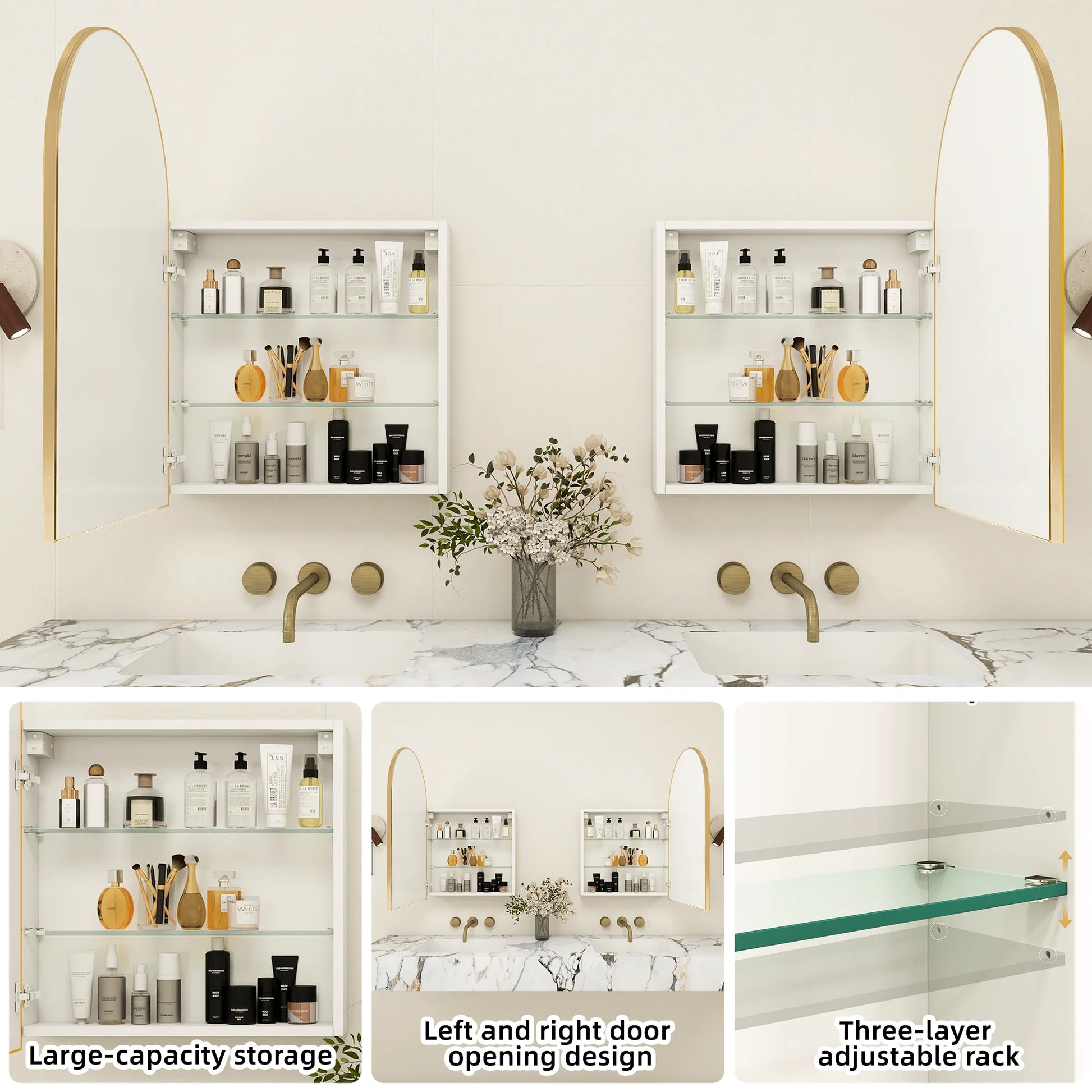 20 x 30 Medicine Cabinet with Mirror,Gold Bathroom Mirror with Storage,Metal Framed Medicine Cabinet Wall Mount with Adjustable Shelves for Bathroom Vanity Modern Farmhouse