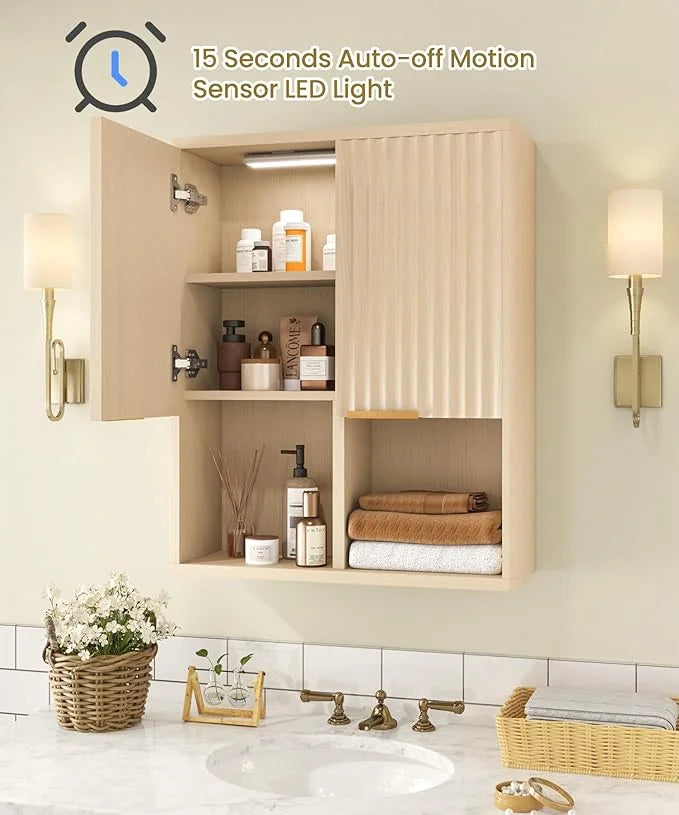 NEW Decorative Wall Cabinet with Motion Sensor LED and Adjustable Shelf for Bathroom ,Kitchen,Study (Oak Natural)