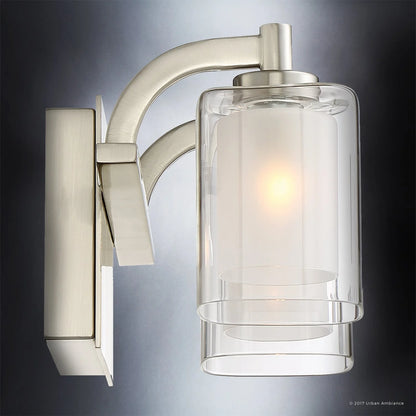 Urban Ambiance Luxury Modern Bathroom Vanity Light, Medium Size: 6"H x 13"W, with Posh Style Elements, Brushed Nickel Finish and Sand Blasted Inner Glass, Clear Outer Glass, UQL2400