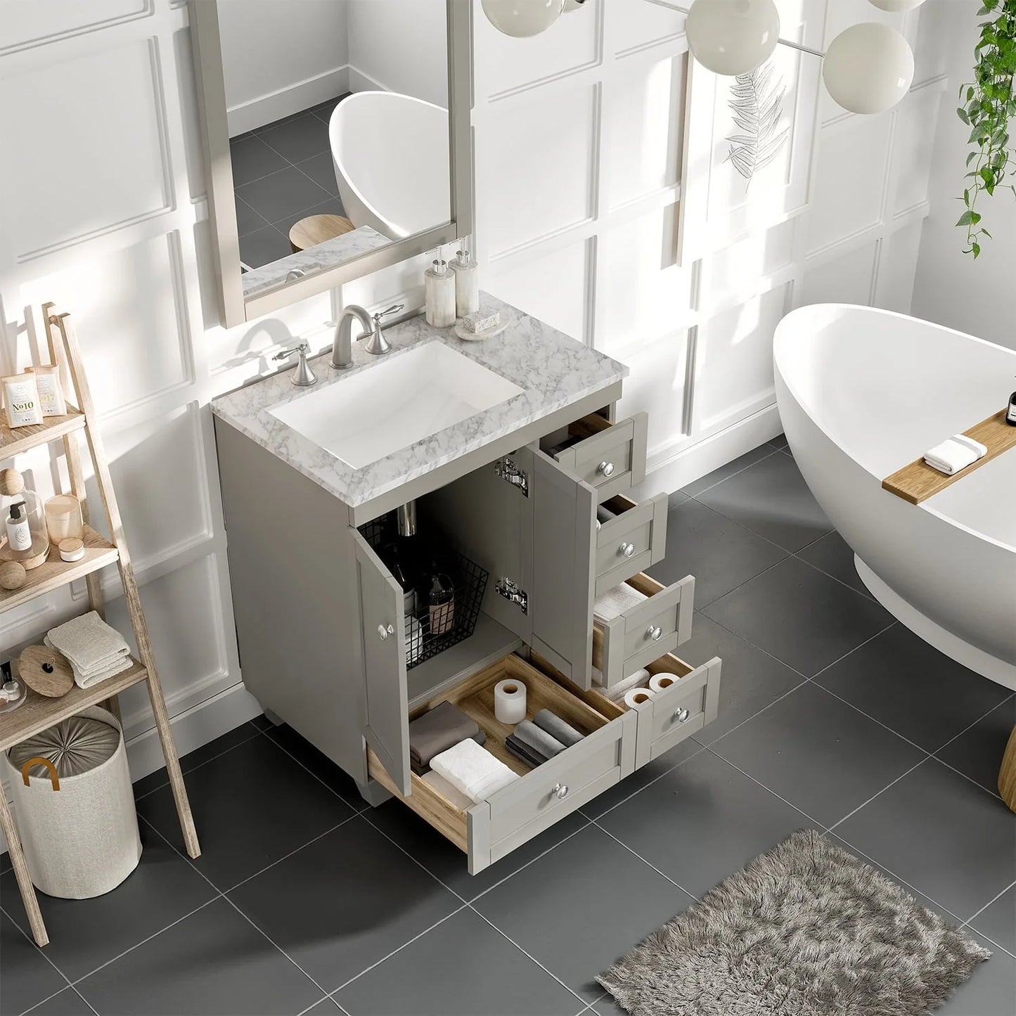 Eviva Bathroom Vanity Acclaim C. 30" Transitional Gray with White Carrara Marble Counter-Top