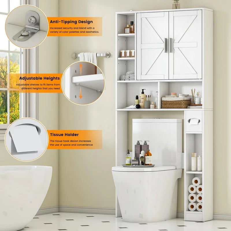 Frmobepts Over The Toilet Storage Cabinet with Toilet Paper Holder Stand, Above Toilet Organizer with Doors, Behind Toilet Shelf for Restroom, Bathroom, Laundry, White