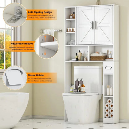 Frmobepts Over The Toilet Storage Cabinet with Toilet Paper Holder Stand, Above Toilet Organizer with Doors, Behind Toilet Shelf for Restroom, Bathroom, Laundry, White